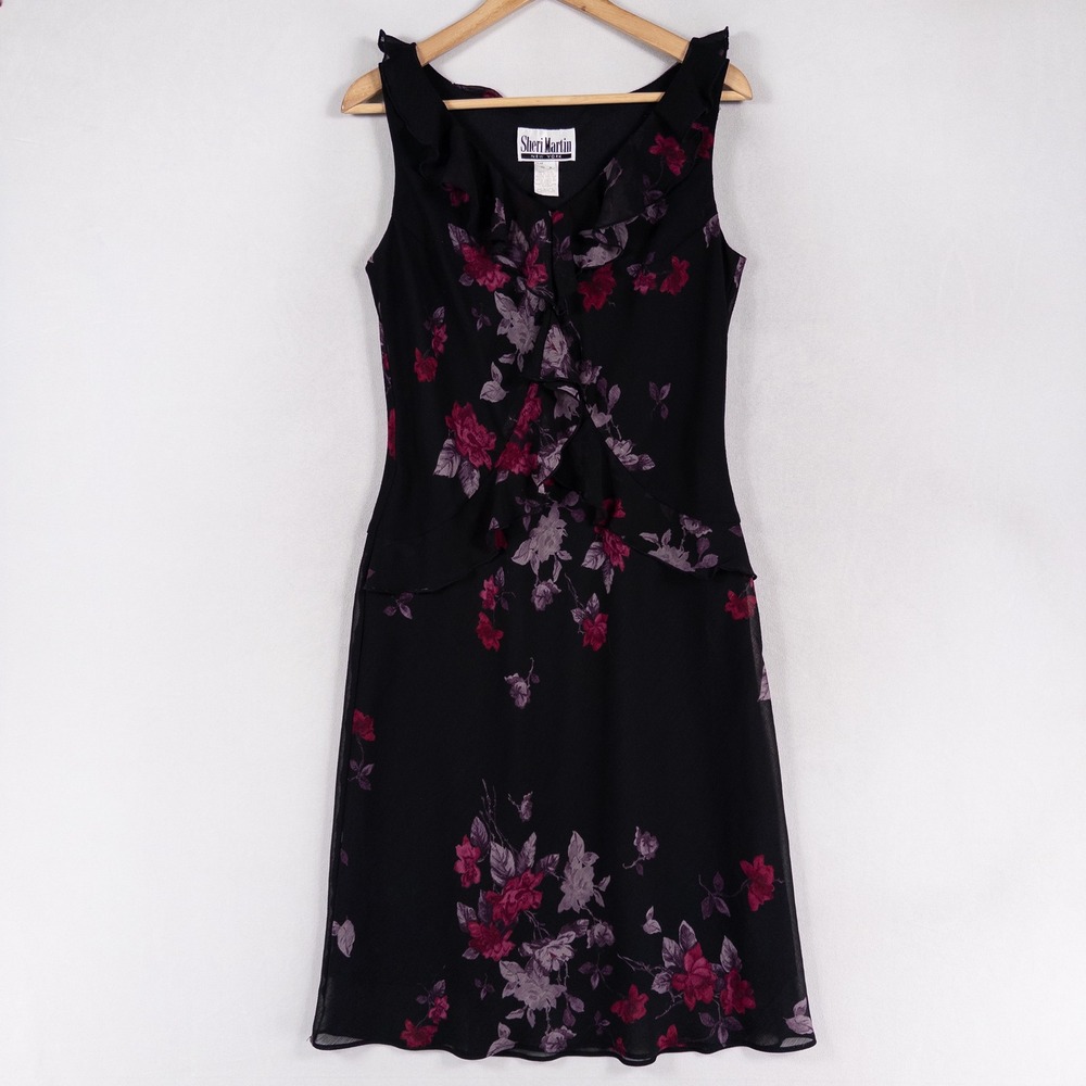 Vintage Sheri Martin Midi Dress Womens 8 Black Floral Ruffle Flowy Romantic